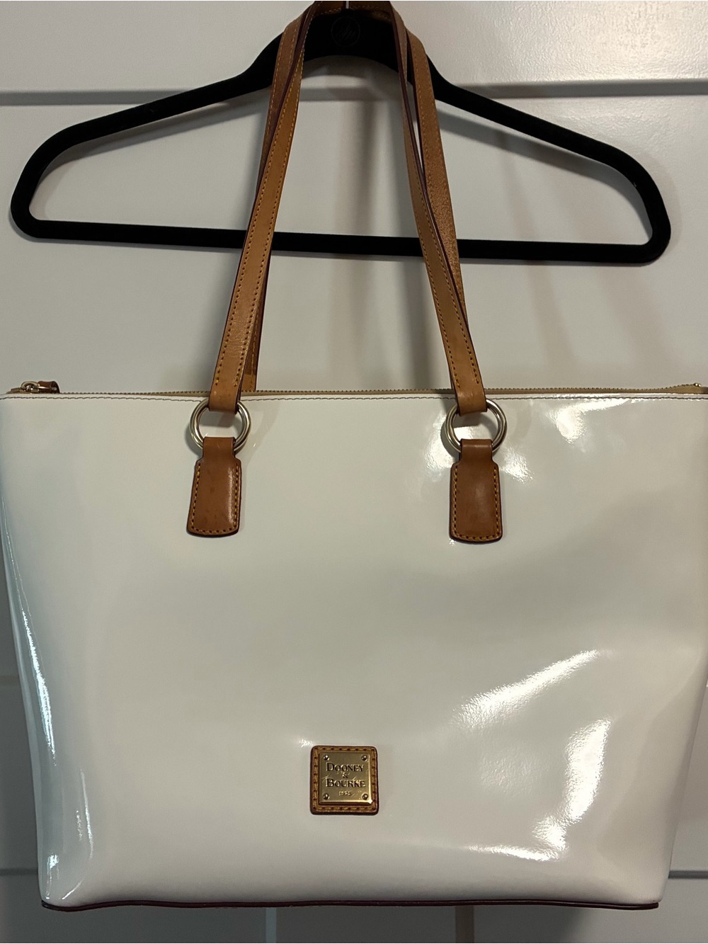 Dooney & Bourke White Patent Tote with Tan Leather Handles